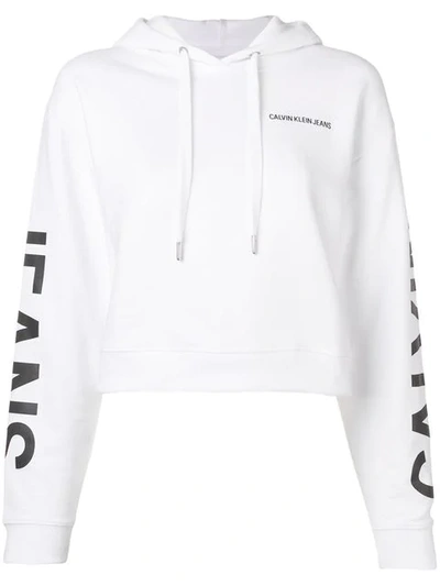 CALVIN KLEIN JEANS CROPPED LOGO PRINT HOODIE - 白色