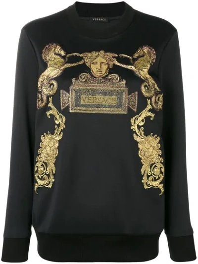 Shop Versace Jacquard Knit Logo Sweatshirt In Black