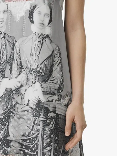 Shop Burberry Lace Detail Victorian Portrait Print Silk Slip Dress In Grey