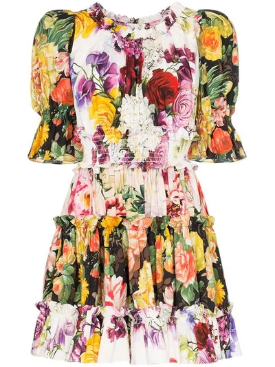 Shop Dolce & Gabbana Floral Print Puff Sleeve Cotton Mini Dress In S9311 Mix Flowers