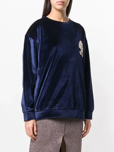 Shop Lédition Embellished Detail Velvet Sweatshirt In Blue