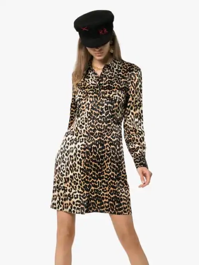 Shop Ganni Leopard Print Shirt Dress In Black