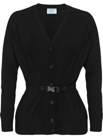 Shop Prada Buckle Detail Cardigan In Black