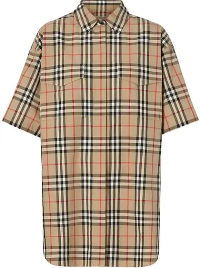 Shop Burberry Short-sleeve Vintage Check Cotton Oversized Shirt In Neutrals