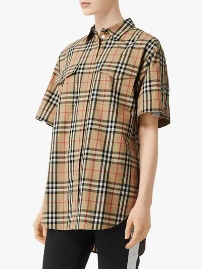 Shop Burberry Short-sleeve Vintage Check Cotton Oversized Shirt In Neutrals