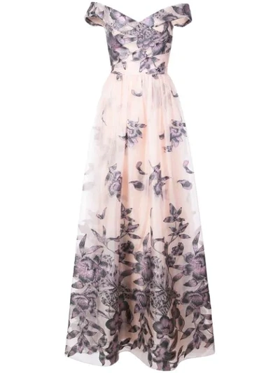 Shop Marchesa Notte Embroidered Off The Shoulder Gown In Blush