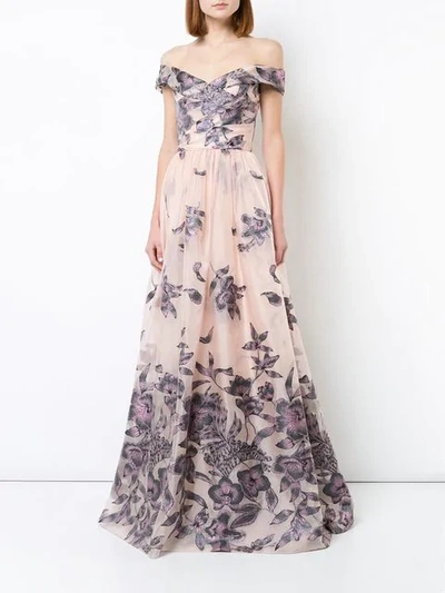 Shop Marchesa Notte Embroidered Off The Shoulder Gown In Blush