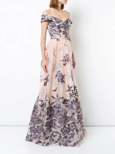 Shop Marchesa Notte Embroidered Off The Shoulder Gown In Blush