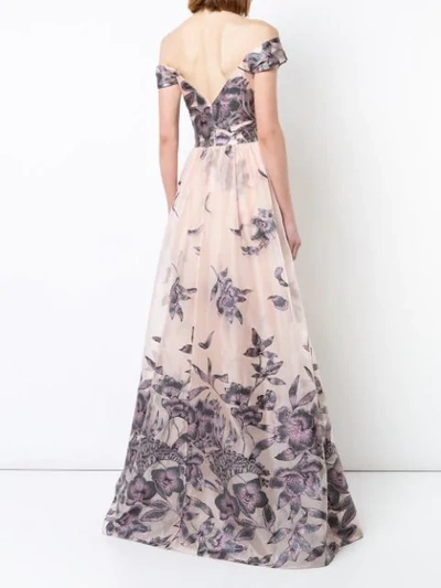 Shop Marchesa Notte Embroidered Off The Shoulder Gown In Blush