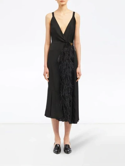 Shop Prada Feather Trimmed Wrap Dress In Black