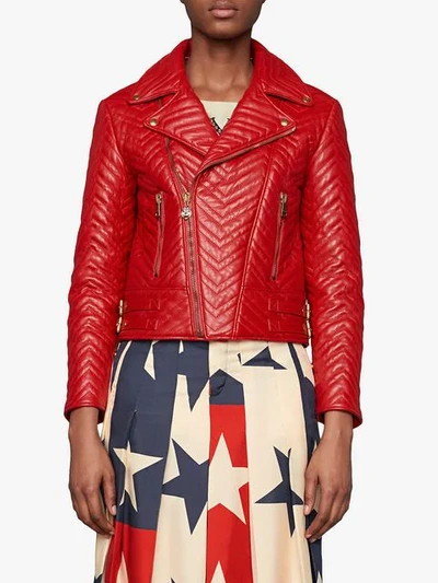 Shop Gucci Quilted Leather Biker Jacket In Red