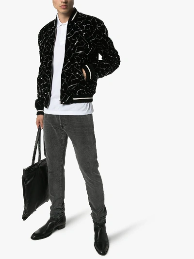 Shop Saint Laurent Teddy Tangle Embroidered Velvet Bomber Jacket In Black