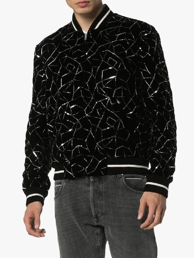 Shop Saint Laurent Teddy Tangle Embroidered Velvet Bomber Jacket In Black