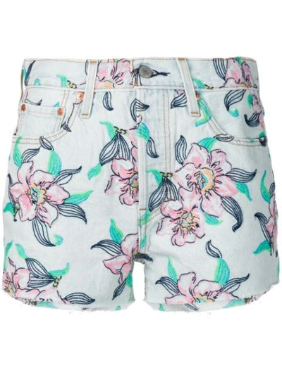 Shop Levi's Embroidered Floral Denim Shorts In Blue