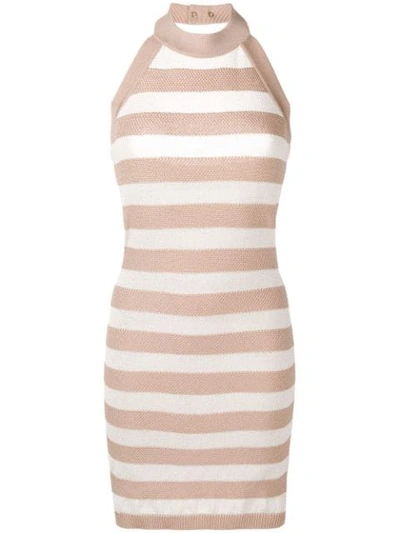 Shop Balmain Striped Knit Mini Dress In Neutrals