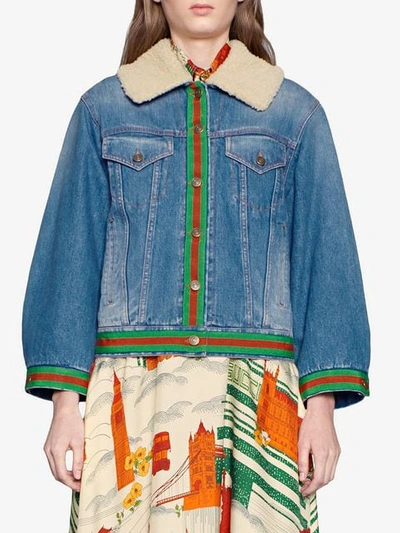 Shop Gucci Denim Jacket With Shearling In Blue