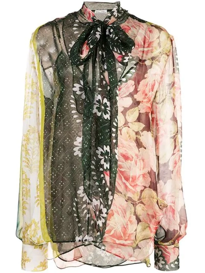 Shop Oscar De La Renta Floral Print Bow Tie Blouse In Multicolour