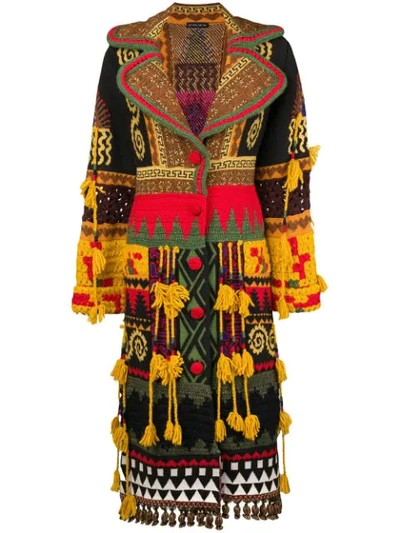 Etro Notched-collar Button-front Mixed-embroidered Long Coat W/ Fringe In 8000 Multicolor