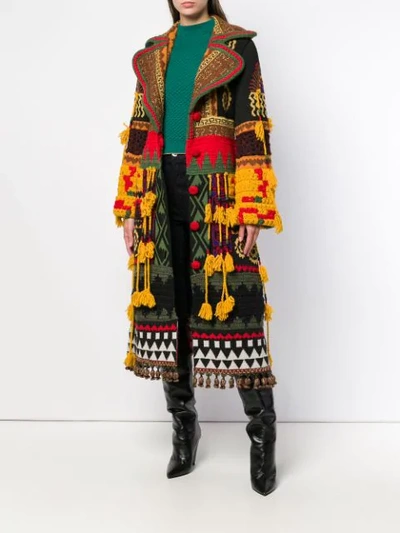 Etro Notched-collar Button-front Mixed-embroidered Long Coat W/ Fringe In 8000 Multicolor