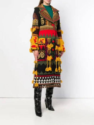 Etro Notched-collar Button-front Mixed-embroidered Long Coat W/ Fringe In 8000 Multicolor