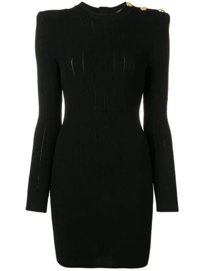 Shop Balmain Shoulder Button Knit Dress In Black
