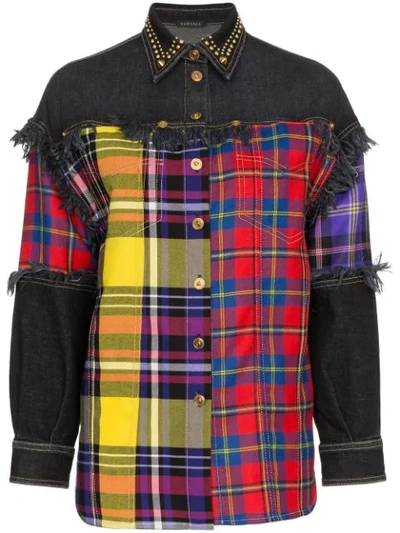 Shop Versace Plaid And Denim Wool Button Down Shirt In A8008 Denim Black