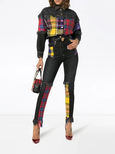 Shop Versace Plaid And Denim Wool Button Down Shirt In A8008 Denim Black