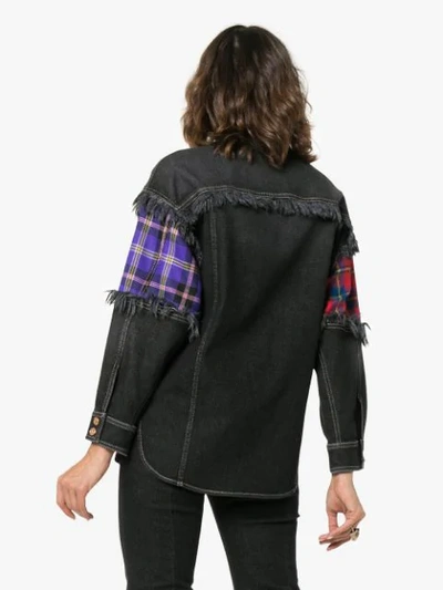 Shop Versace Plaid And Denim Wool Button Down Shirt In A8008 Denim Black