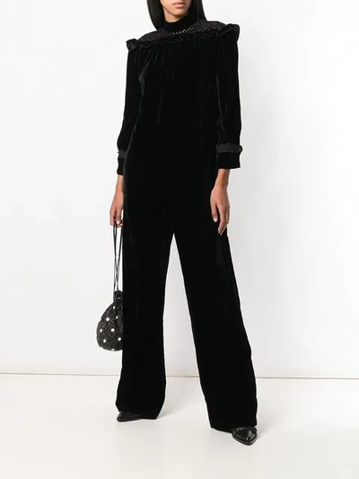 Shop Philosophy Di Lorenzo Serafini Ruffle Detail Velvet Jumpsuit In Black