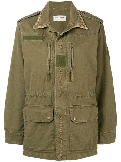 Shop Saint Laurent Embroidered Trim Parka In Green