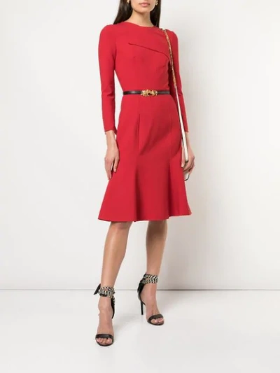 Shop Oscar De La Renta Folded Neck Flared Dress In Red