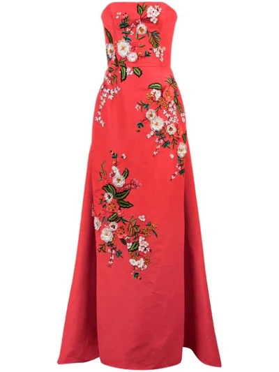 Shop Carolina Herrera Floral Embroidered Evening Dress In Red
