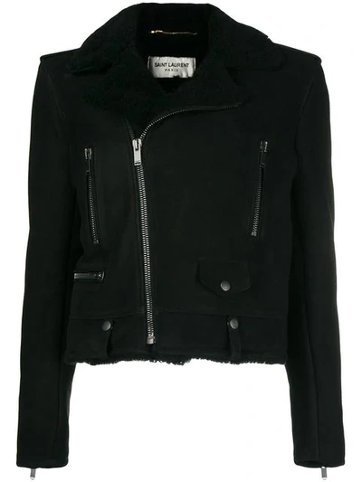 Shop Saint Laurent Shearling Biker Jacket In Black