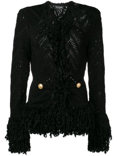 Shop Balmain Knitted Fringe Cardigan In Black