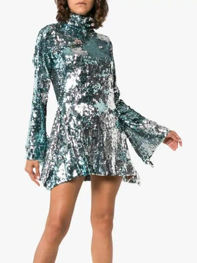 Shop Halpern Silver Sequin Embellished Contrast Mini Dress In Blue