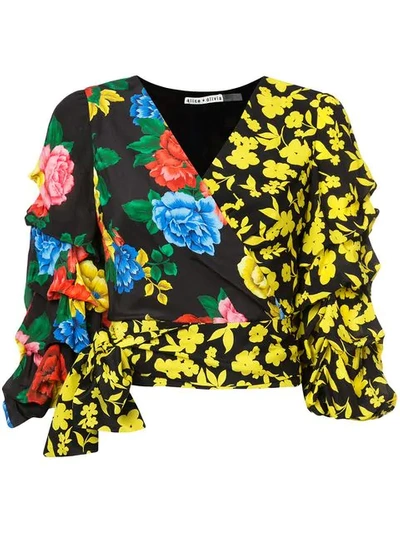 Shop Alice And Olivia Contrast Floral Print Silk Top In Black