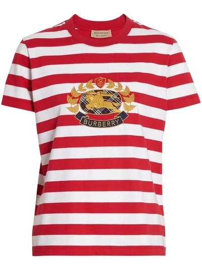 Shop Burberry Crest Appliqué Striped Cotton T-shirt In Red