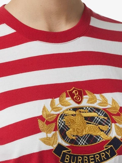 Shop Burberry Crest Appliqué Striped Cotton T-shirt In Red