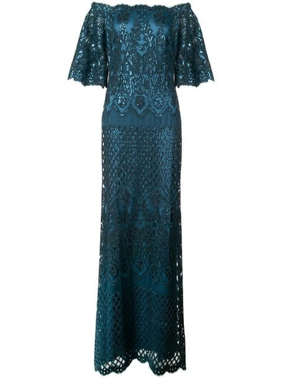 Shop Tadashi Shoji Aimee Off-shoulder Sequin Embroidered Gown In Green