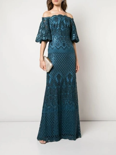 Shop Tadashi Shoji Aimee Off-shoulder Sequin Embroidered Gown In Green