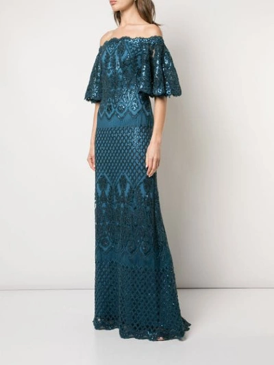 Shop Tadashi Shoji Aimee Off-shoulder Sequin Embroidered Gown In Green