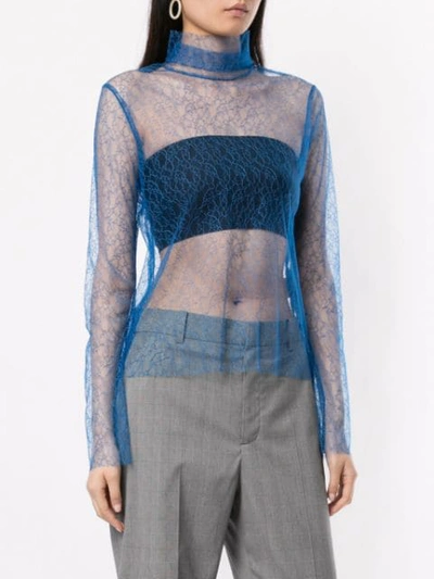 Shop Irene Sheer Mock Neck Top In Blue