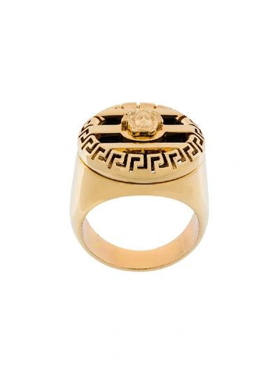 Shop Versace 3d Greek Key Medusa Ring In Metallic