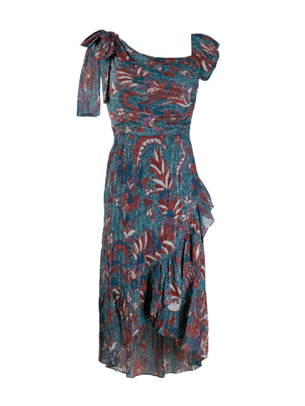 Ulla Johnson Asymmetric Printed Ruffle Dress In Blue | ModeSens