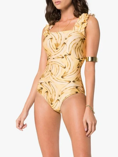 Shop Adriana Degreas Muse Print Swimsuit With Ruffles In Yellow