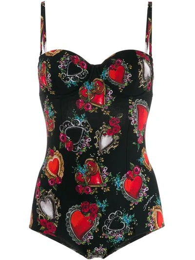 Shop Dolce & Gabbana Heart Print Balconette Swimsuit - Black