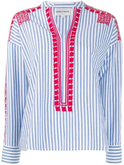 Shop Antik Batik Embroidered Stripe Shirt - Blue