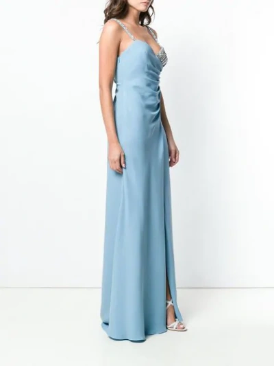 Shop Versace Crystal Embellished Draped Gown In Blue