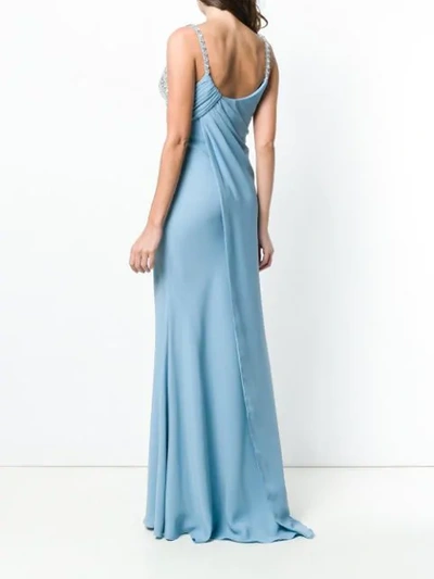 Shop Versace Crystal Embellished Draped Gown In Blue