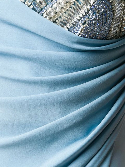 Shop Versace Crystal Embellished Draped Gown In Blue